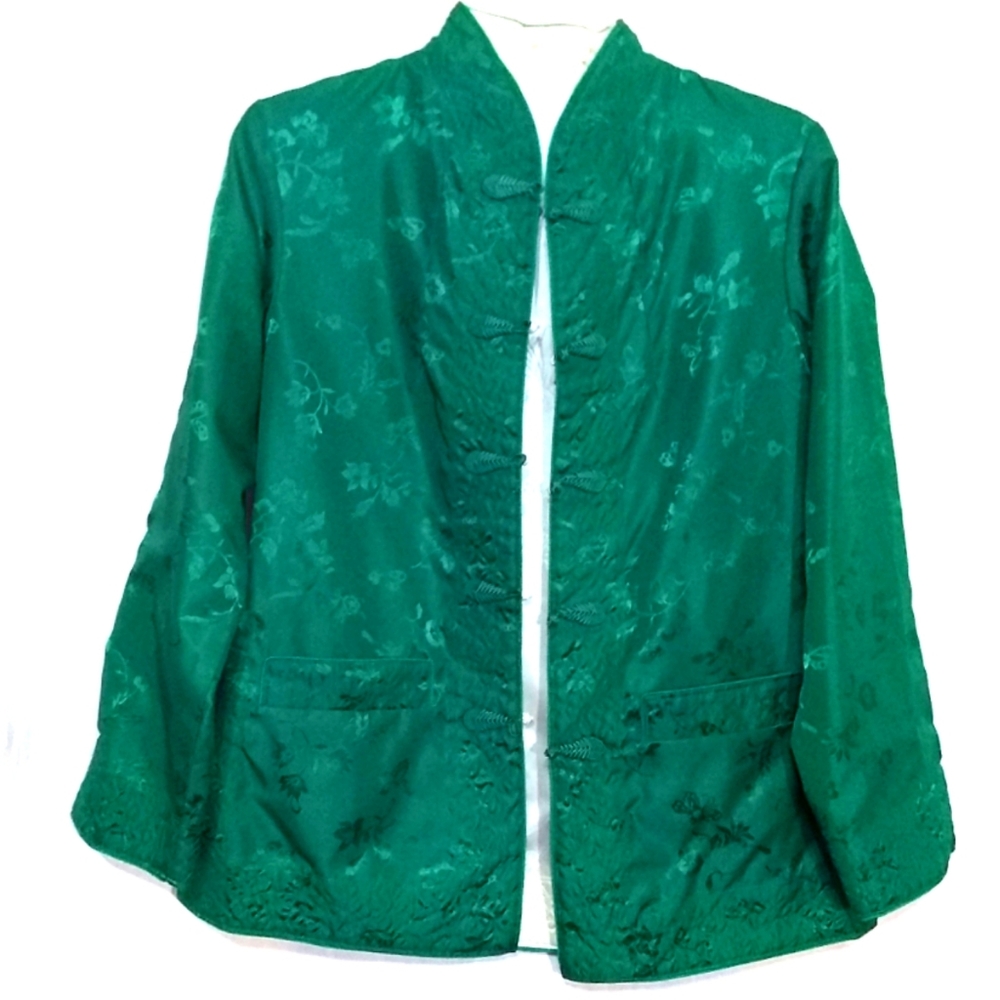 Vintage Reversible Green Asian Oriental Theme Frog Closure Jacket S